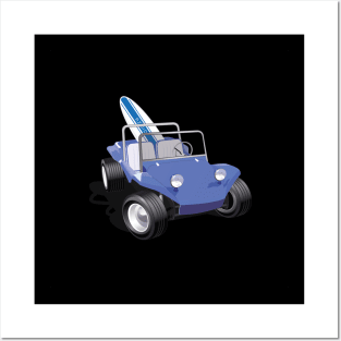 Blue Dune Buggy with Surfboard Front Posters and Art